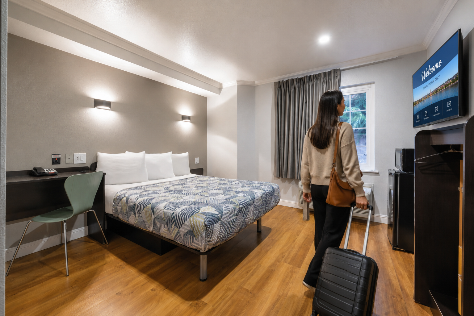 Motel 6 and Studio 6 guest room bundle — LG hotel TV, MicroFridge, and hospitality appliances