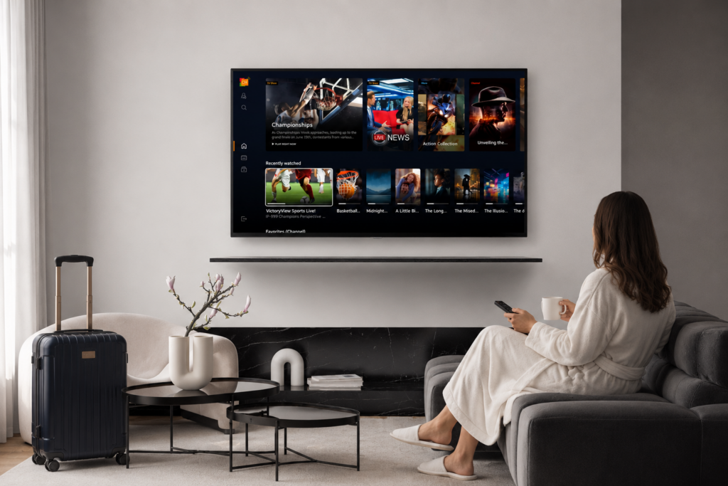 Modern hotel guest room featuring LG hospitality TV and guest room technology