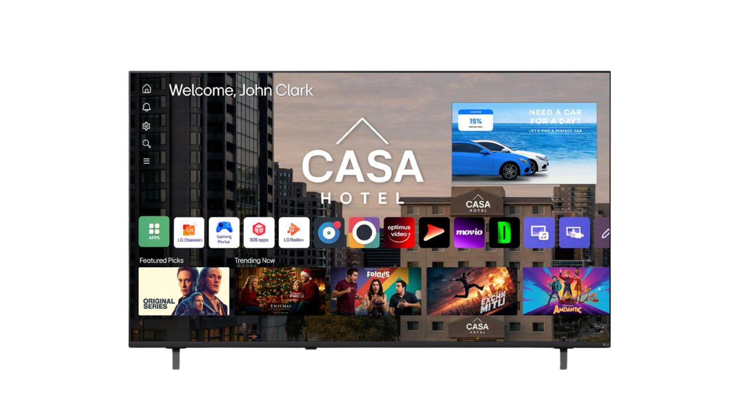 LG UJ660H 4K UHD hospitality TV with Pro:Centric® Smart platform, built-in streaming apps, Google Cast™, Apple AirPlay®, and Hilton Connected Room compatibility.