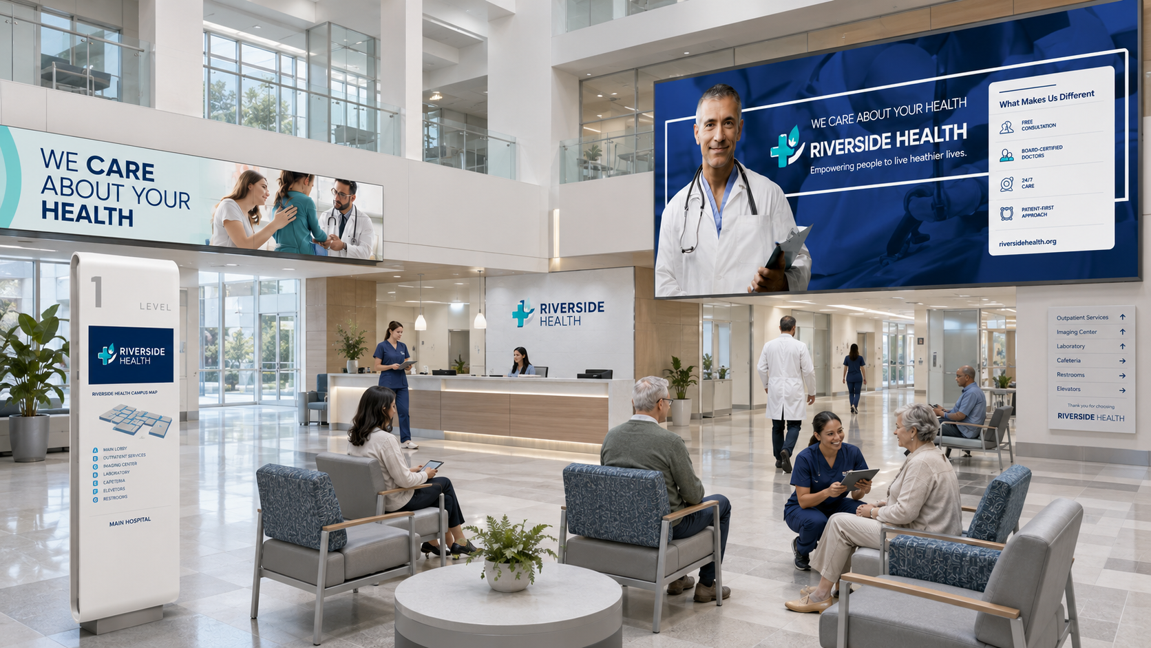 "LG video wall installation in hospital atrium displaying facility information and digital artwork"