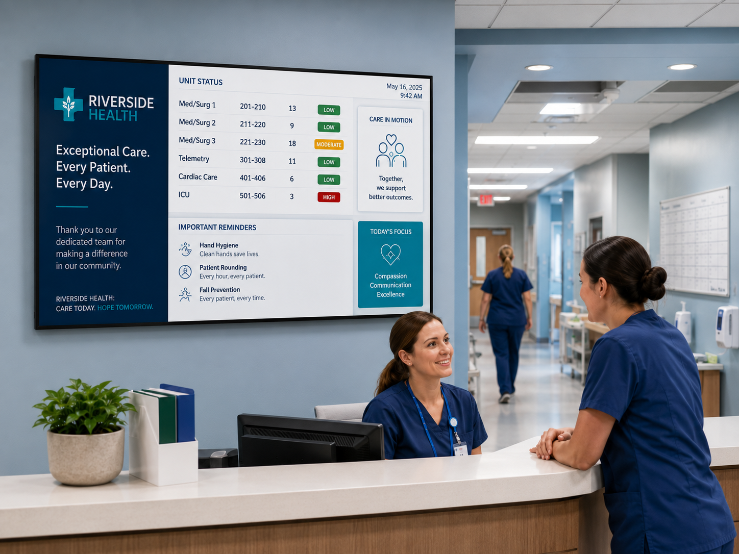 "Wall-mounted display at hospital nurses station showing patient status board"