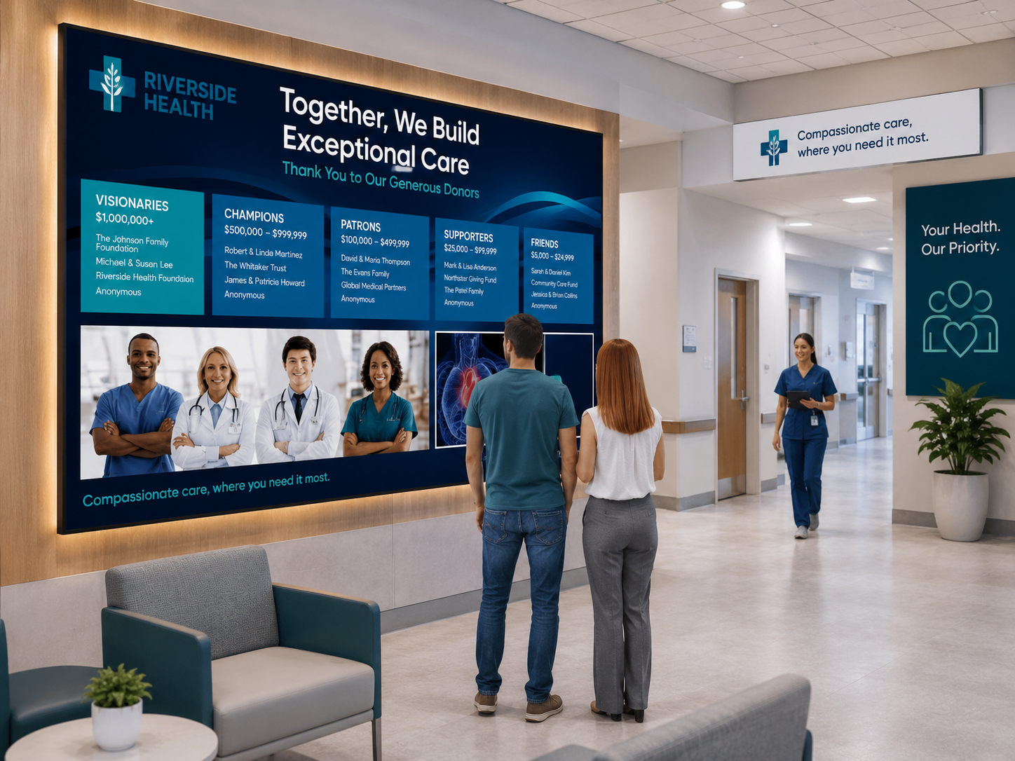 "Interactive digital donor wall recognizing hospital benefactors in main lobby"