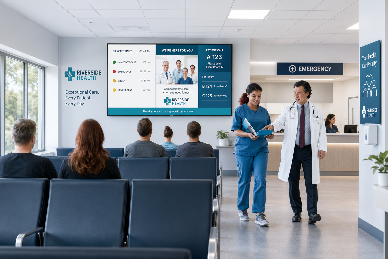 "Hospital AV system with wall-mounted displays in a patient waiting area"