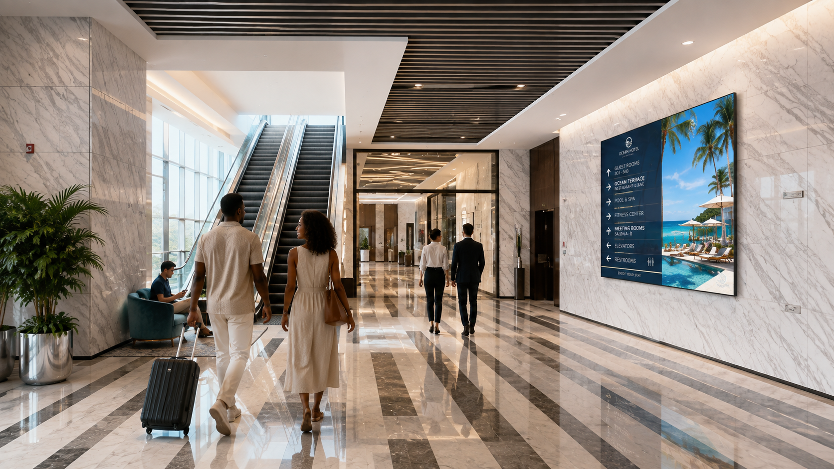 Premium resort lobby with an LG All-in-One LED display highlighting hotel experiences, dining, and events.