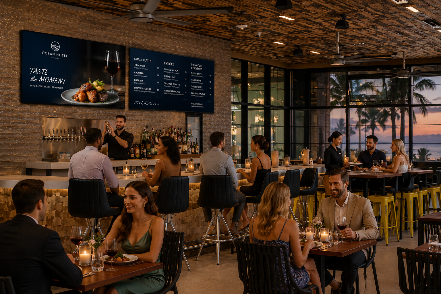 Upscale hotel restaurant using an LG All-in-One LED display to showcase promotions and digital content.