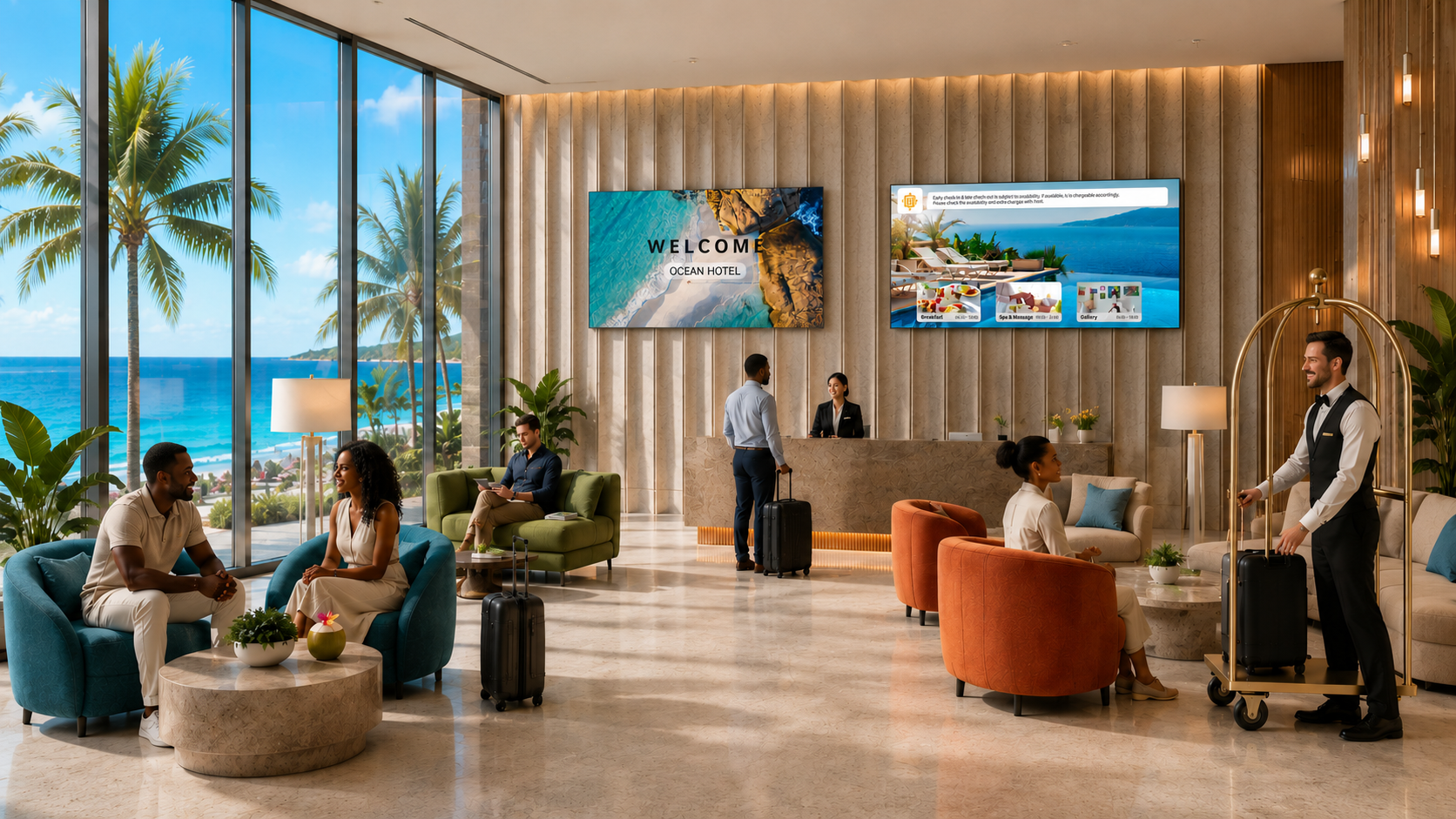 Luxury resort lobby featuring a large LG commercial LED video wall for hotel branding and promotions.