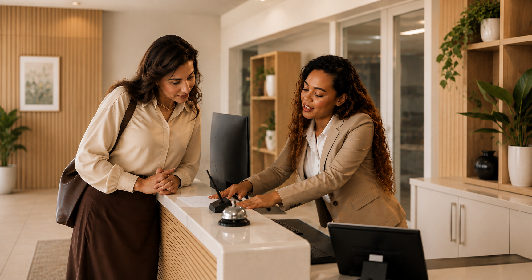 Hotel guest checking in at a modern hotel front desk with LG hotel TVs and LG Channels available for in-room entertainment.