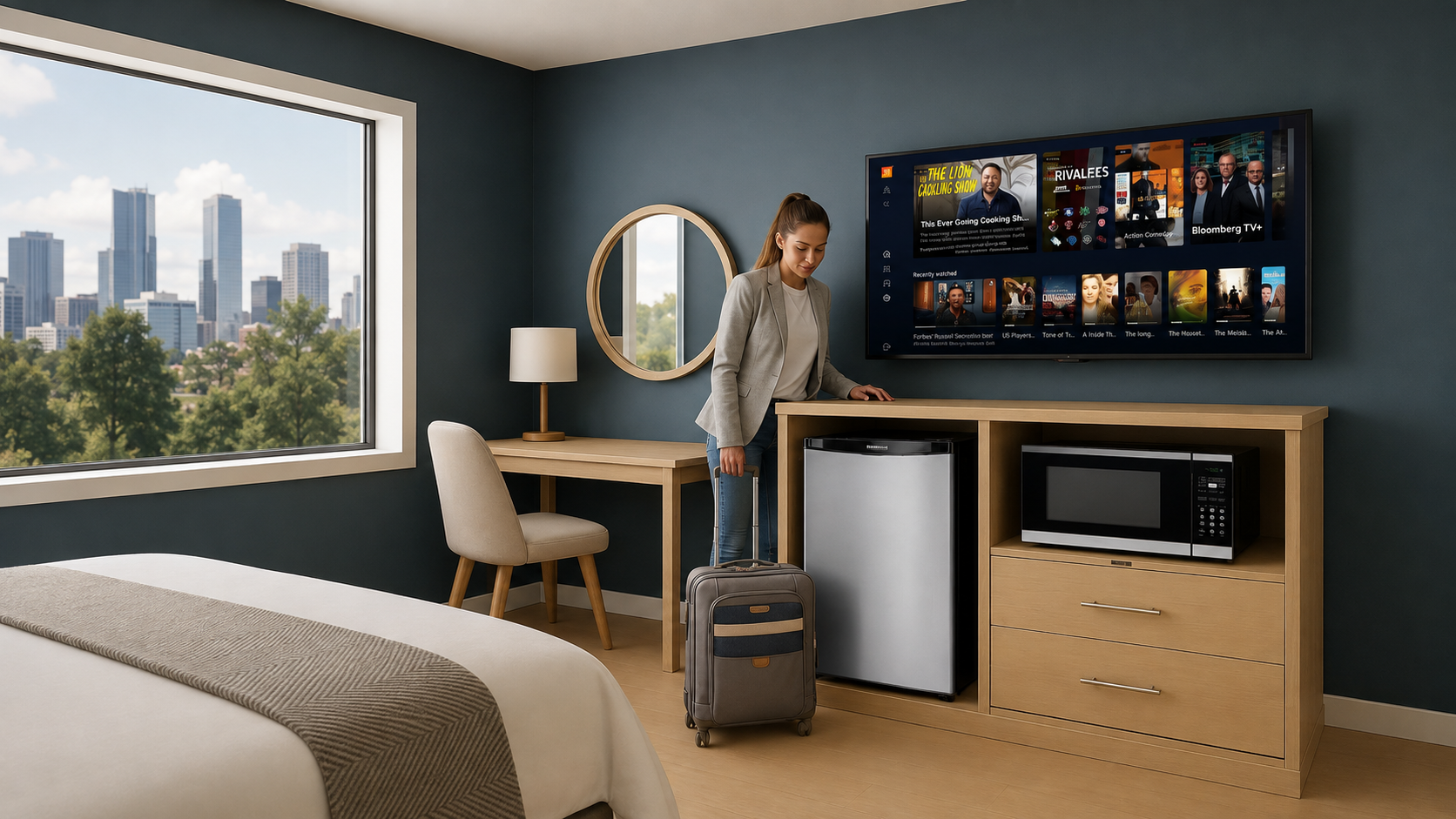 Hotel guest room featuring LG hotel TVs with LG Channels, alongside in-room appliances and modern guest amenities.