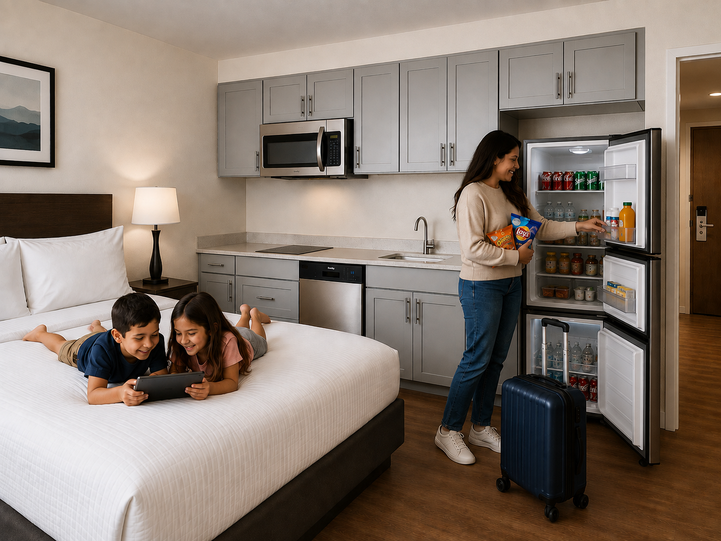 Extended-stay hotel suite kitchenette with Danby midsize refrigerator, dishwasher, and over-the-range microwave.