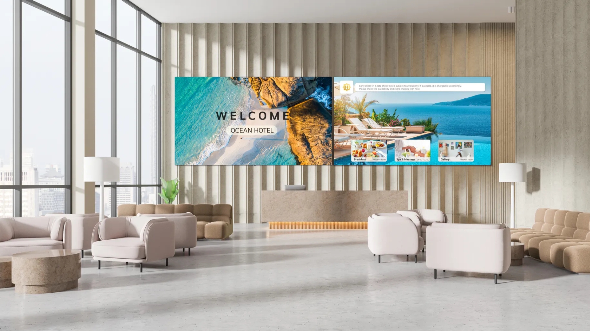 LG DVLED All-in-One (AIO) digital signage displays hotel welcome and guest information content in a modern hotel lobby.