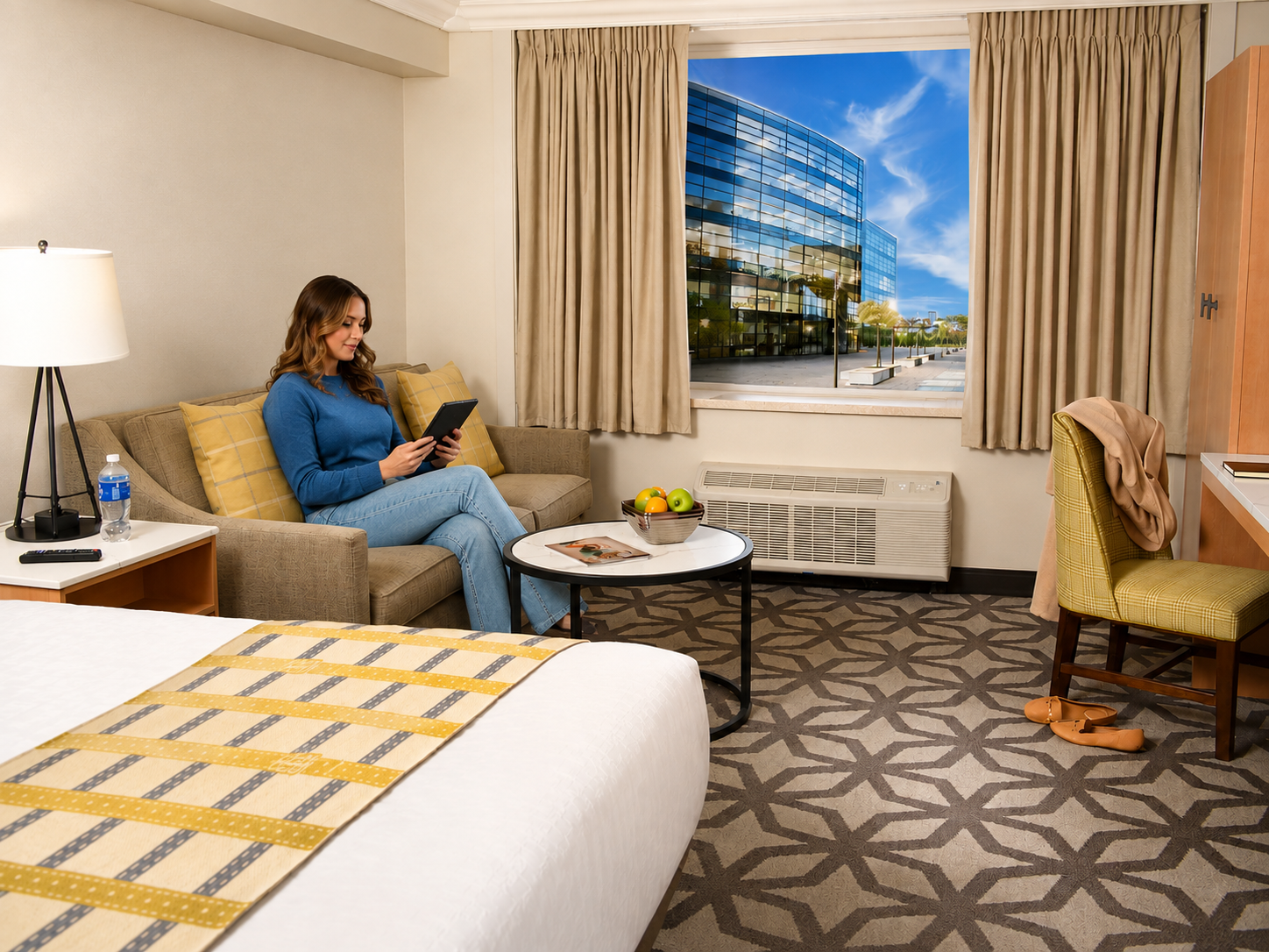 Modern hotel guest room featuring a GE Zoneline® PTAC for dependable in-room heating and cooling.