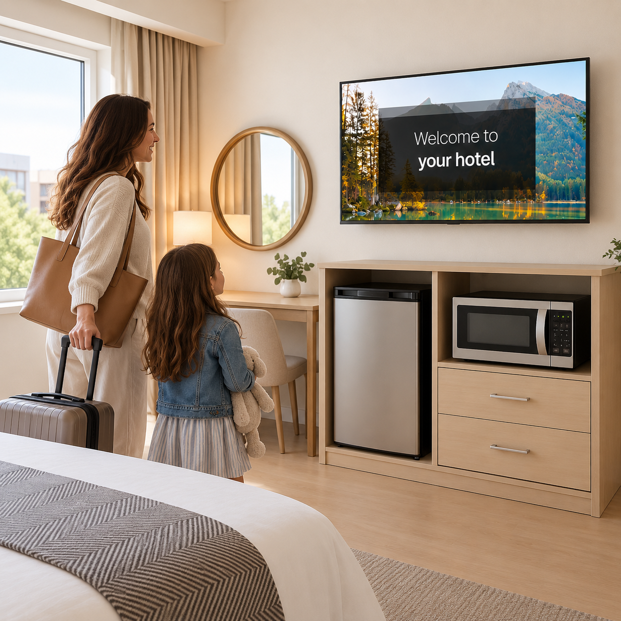 Modern hotel guest room with LG hotel TV and guest room appliances