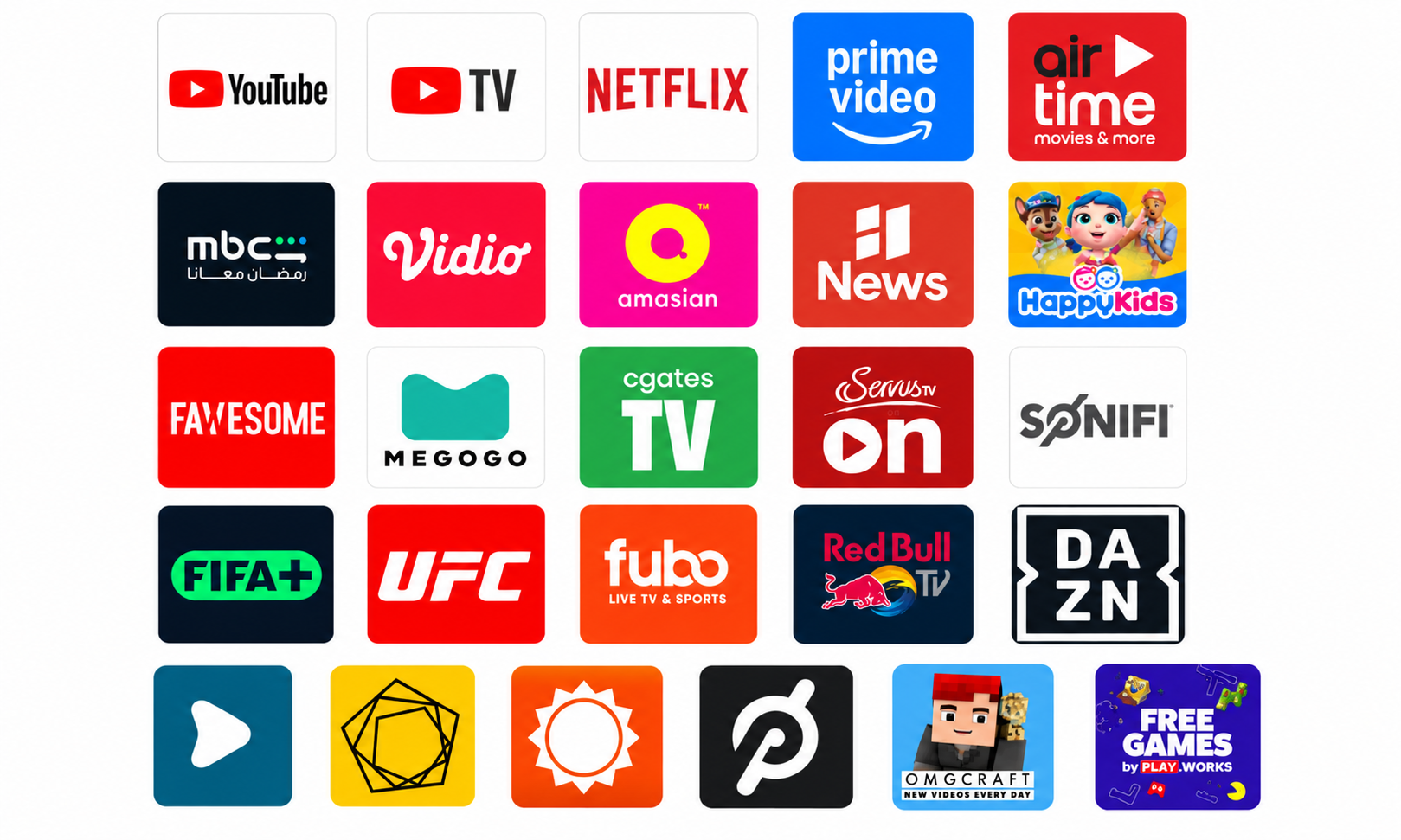 Streaming and entertainment app icons available on LG Smart Hotel TVs, including YouTube, Netflix, Prime Video, DAZN, and Peloton