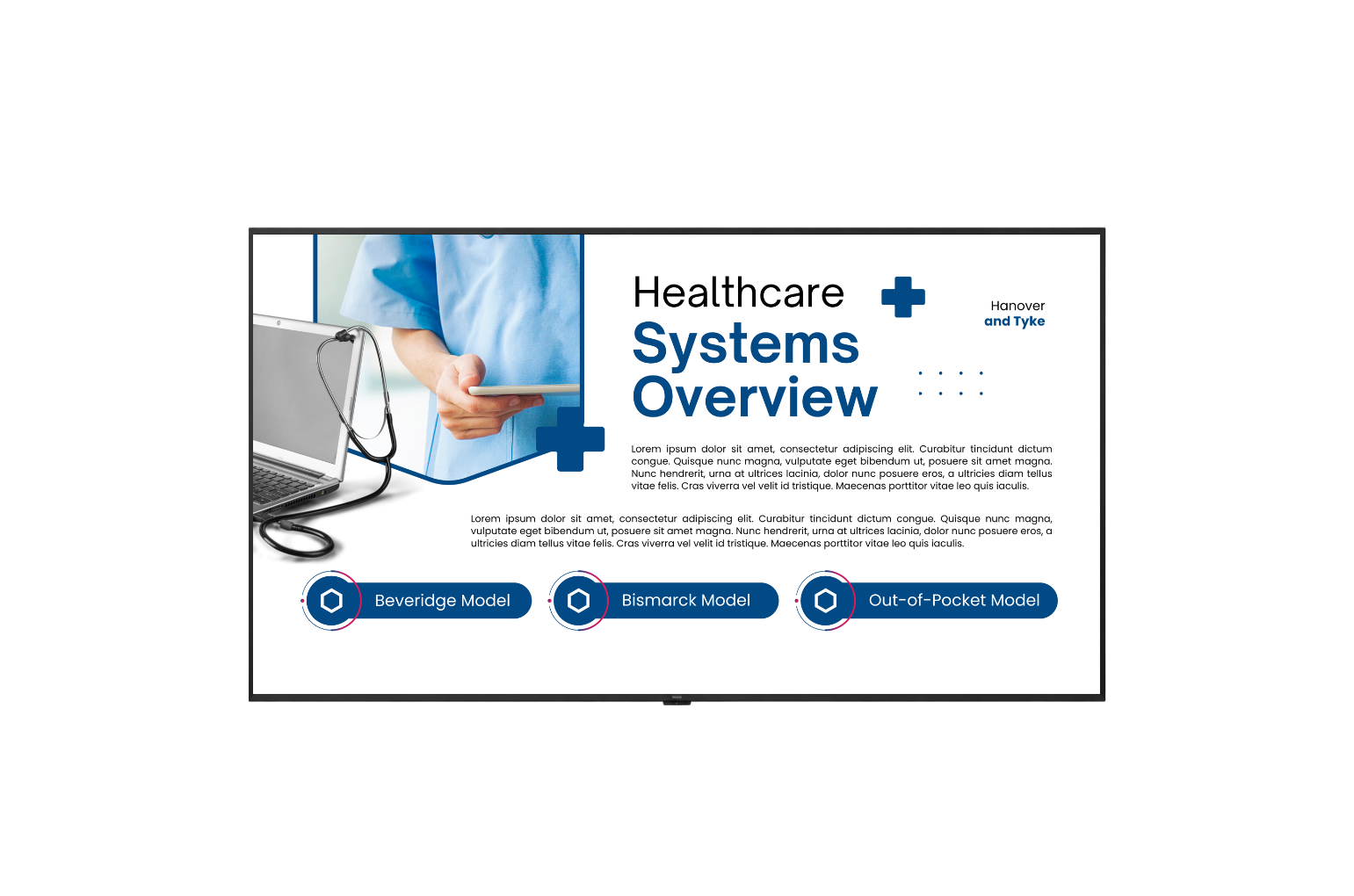 LG All-in-One LED display showing a healthcare systems overview presentation with medical imagery, healthcare information, and system model options.