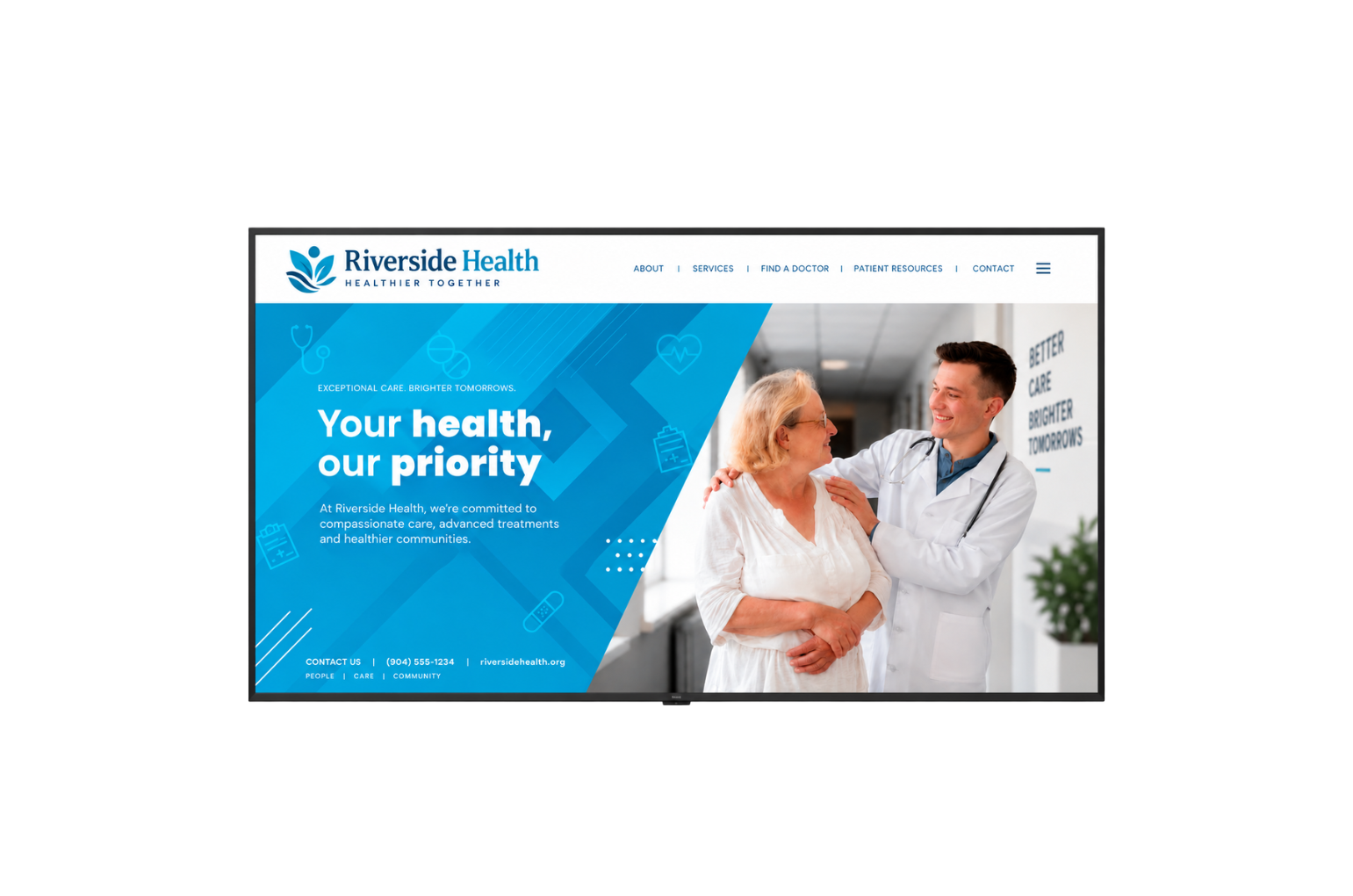 LG All-in-One LED display featuring Riverside Health digital signage with a doctor and patient and healthcare messaging.