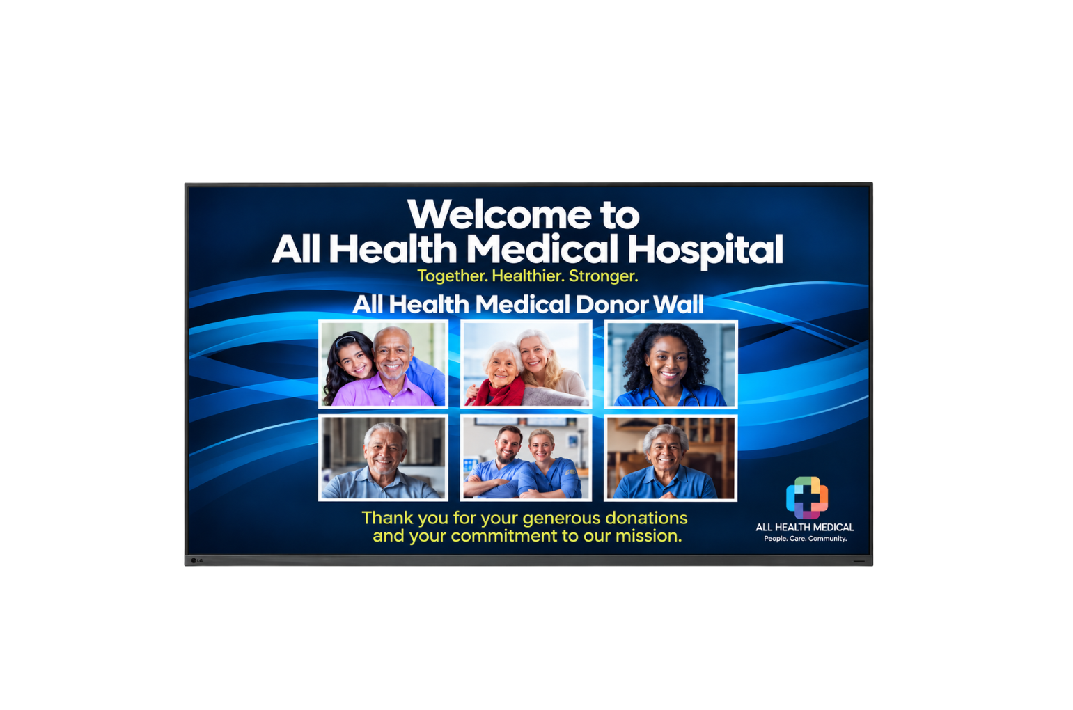 LG hospital LED video wall displaying an All Health Medical donor recognition wall with patient, donor, and healthcare staff photos.