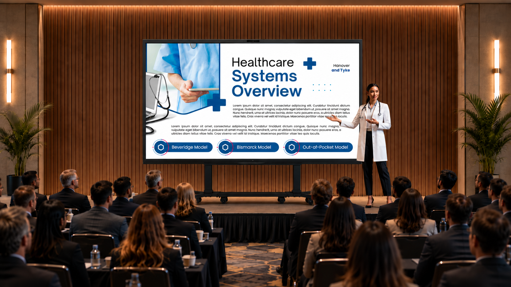 Female healthcare professional in a white doctor’s coat presenting a Healthcare Systems Overview on a large digital display to an audience in a modern conference room.
