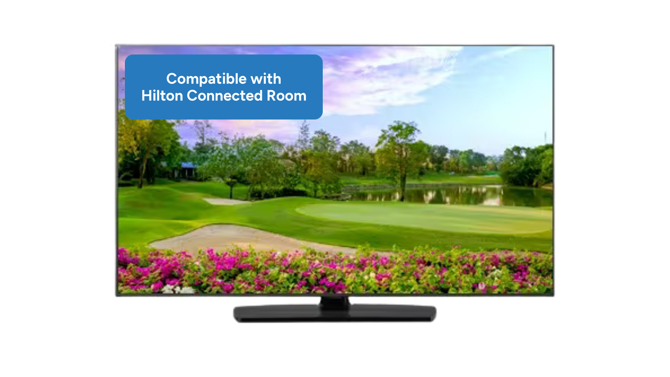 LG Hotel TV on a center stand with a "Compatible with Hilton Connected Room"