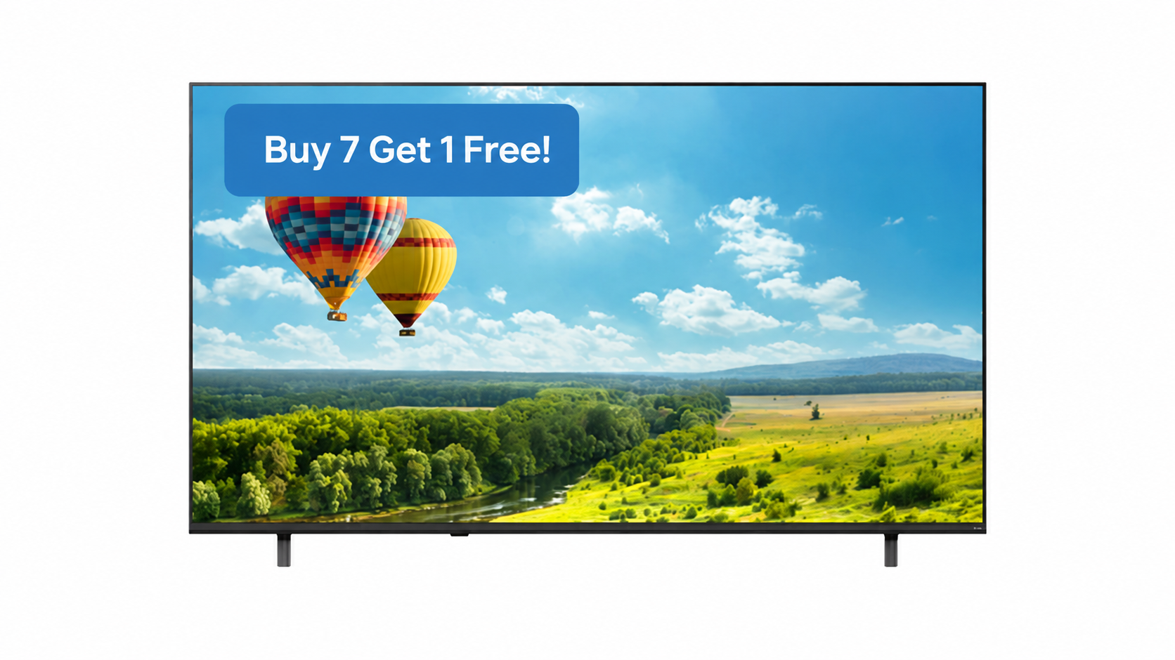 LG hotel TV displaying hot air balloons over a scenic landscape with a Buy 7 Get 1 Free promotional badge.