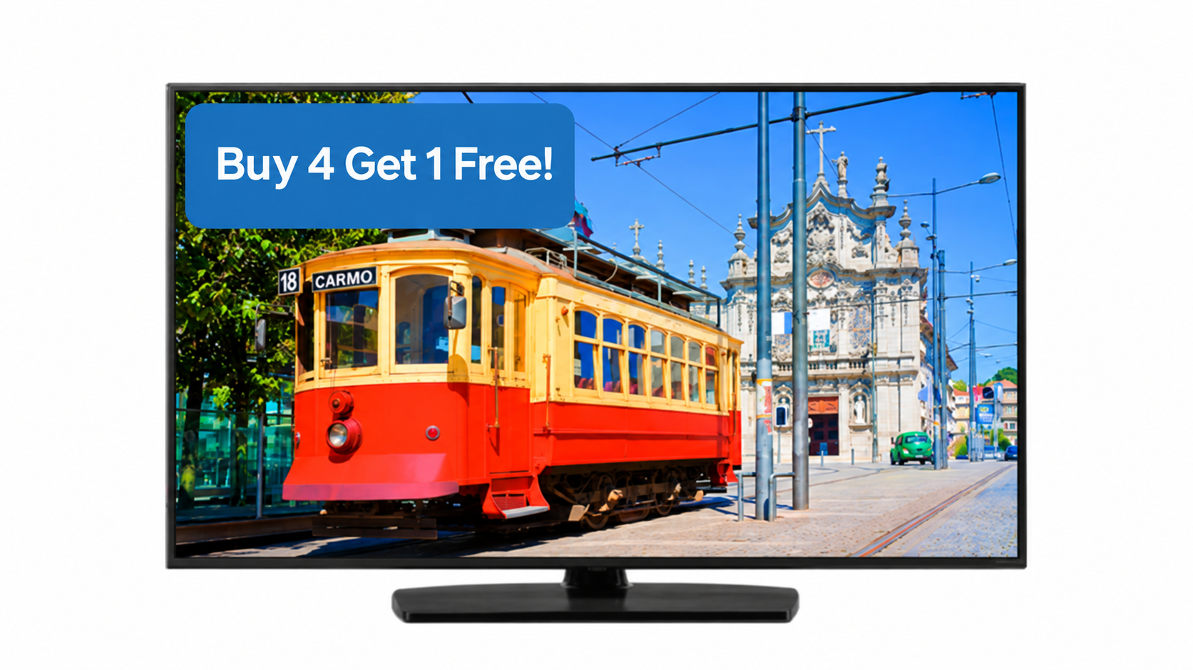 LG hotel TV displaying a colorful red and yellow streetcar with a Buy 4 Get 1 Free promotional badge.