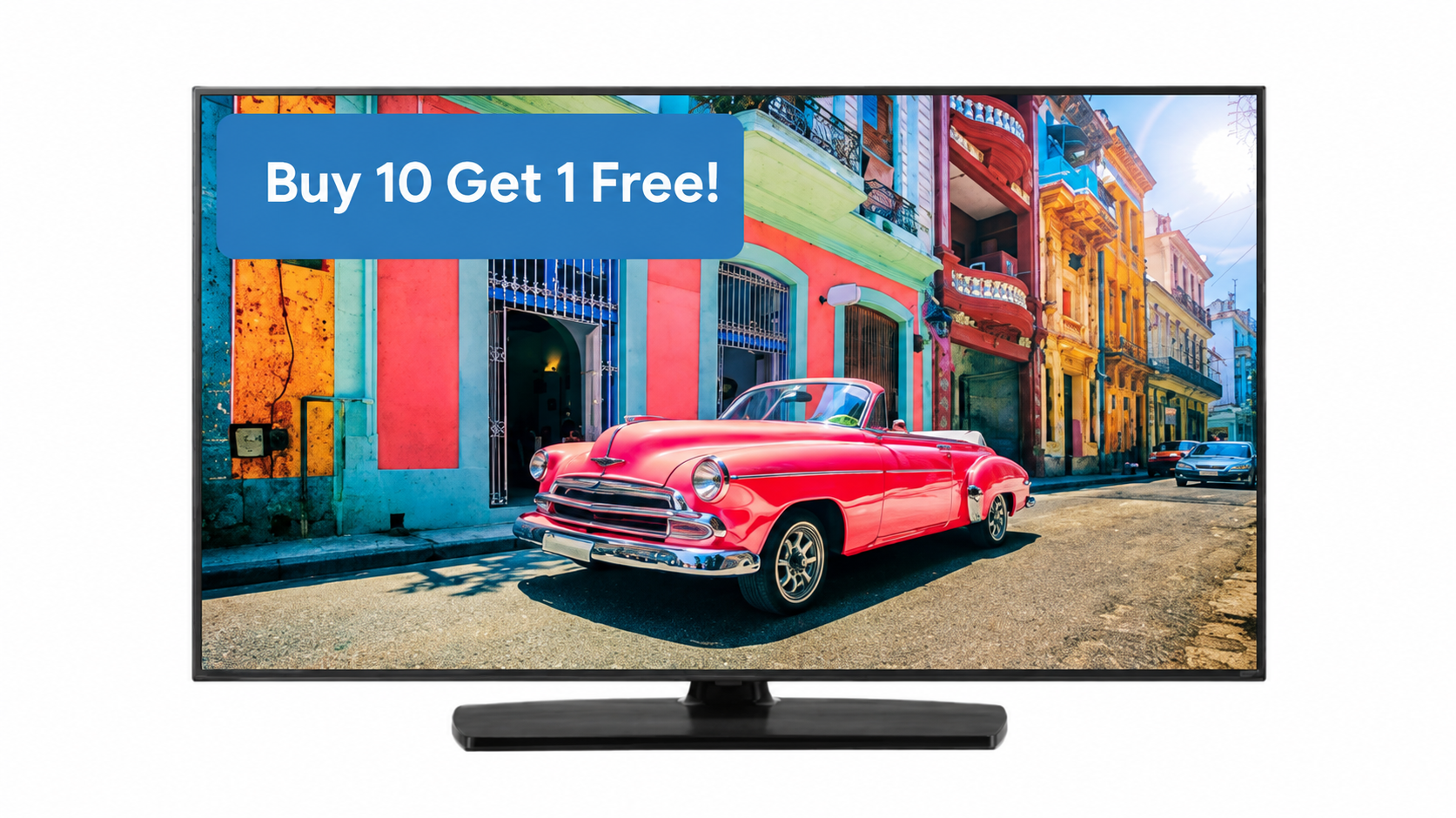LG hotel TV displaying a red vintage convertible on a colorful city street with a Buy 10 Get 1 Free promotional badge.